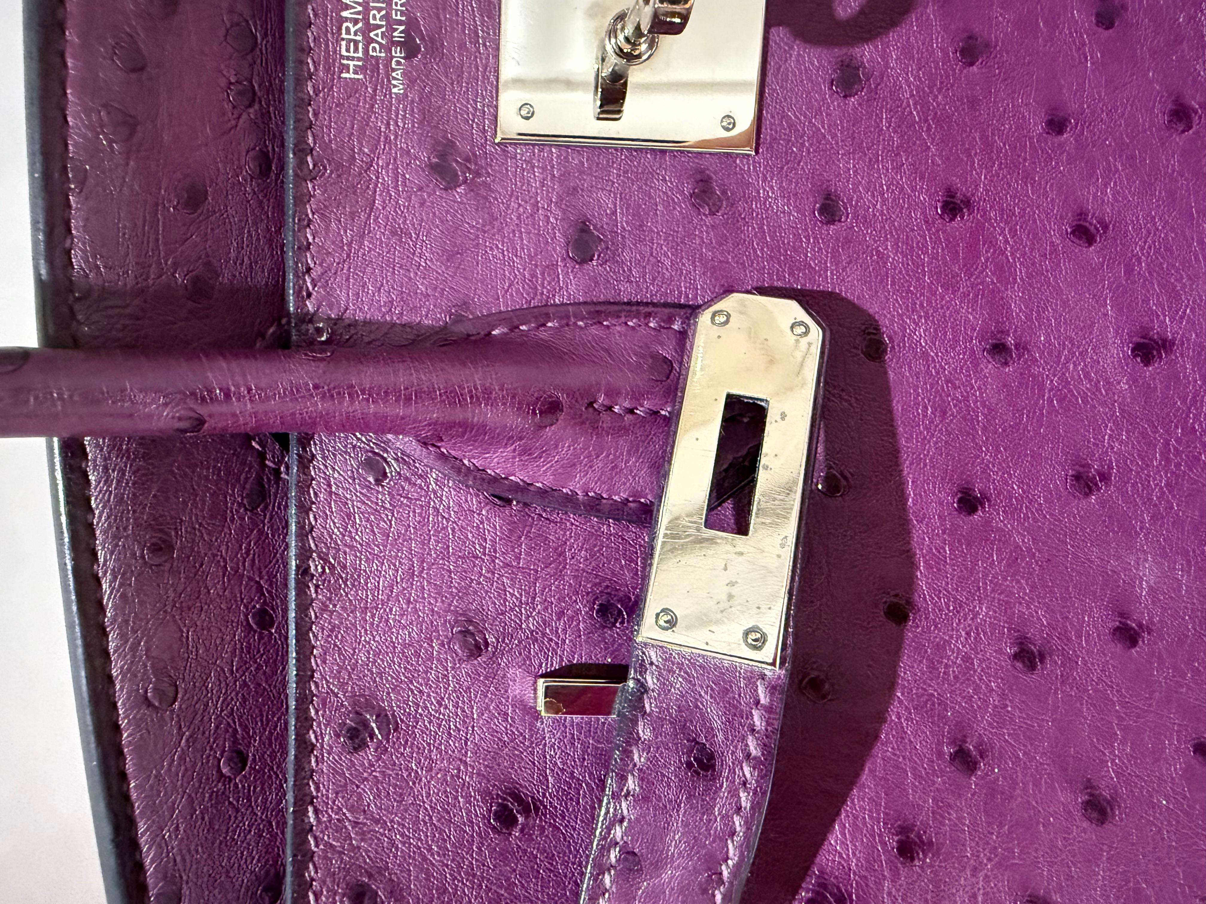 Gray Hermes Ostrich Birkin 30 Violet handbag with Palladium hardware For Sale