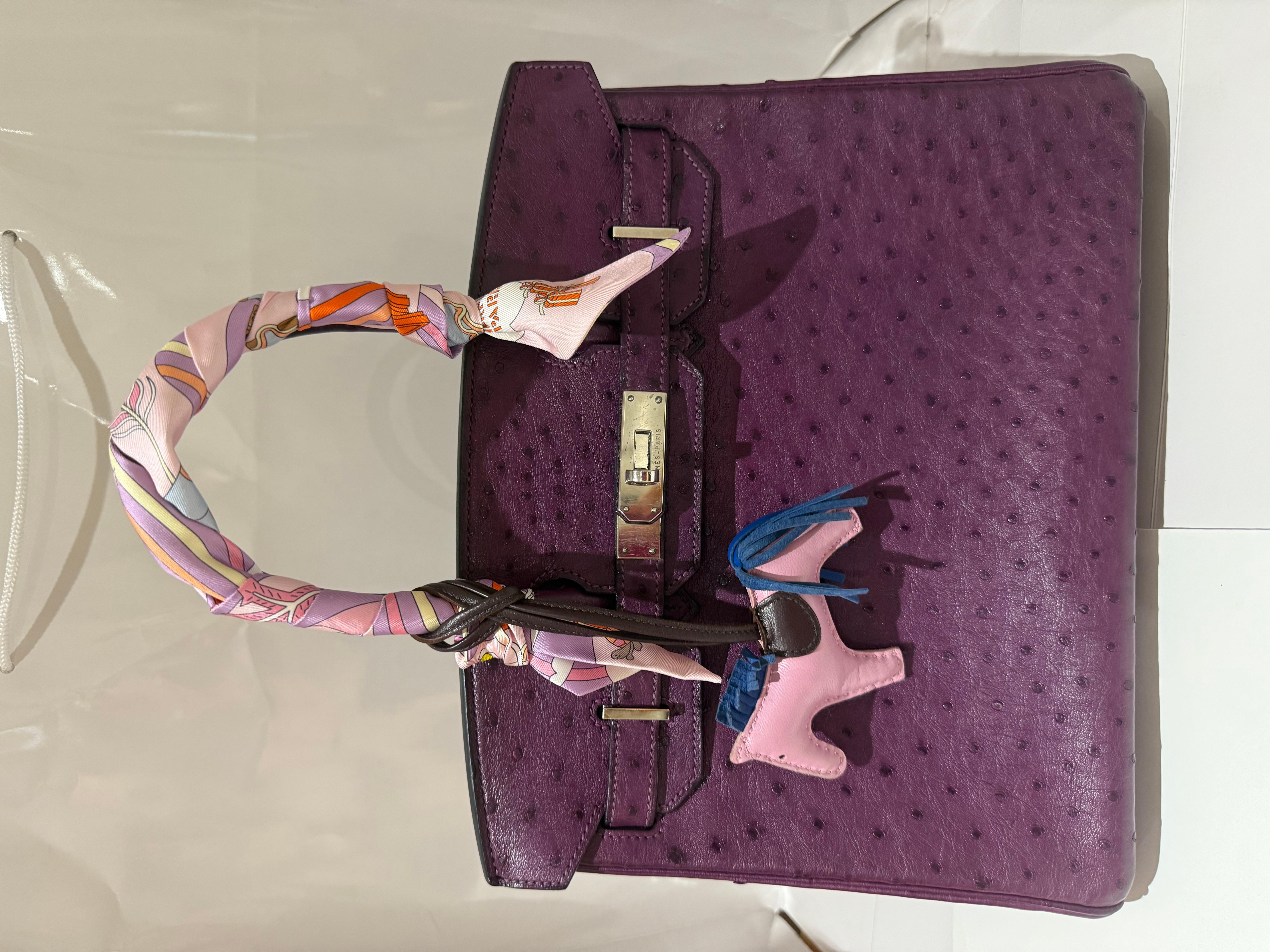Hermes Ostrich Birkin 30 Violet handbag with Palladium hardware For Sale 4