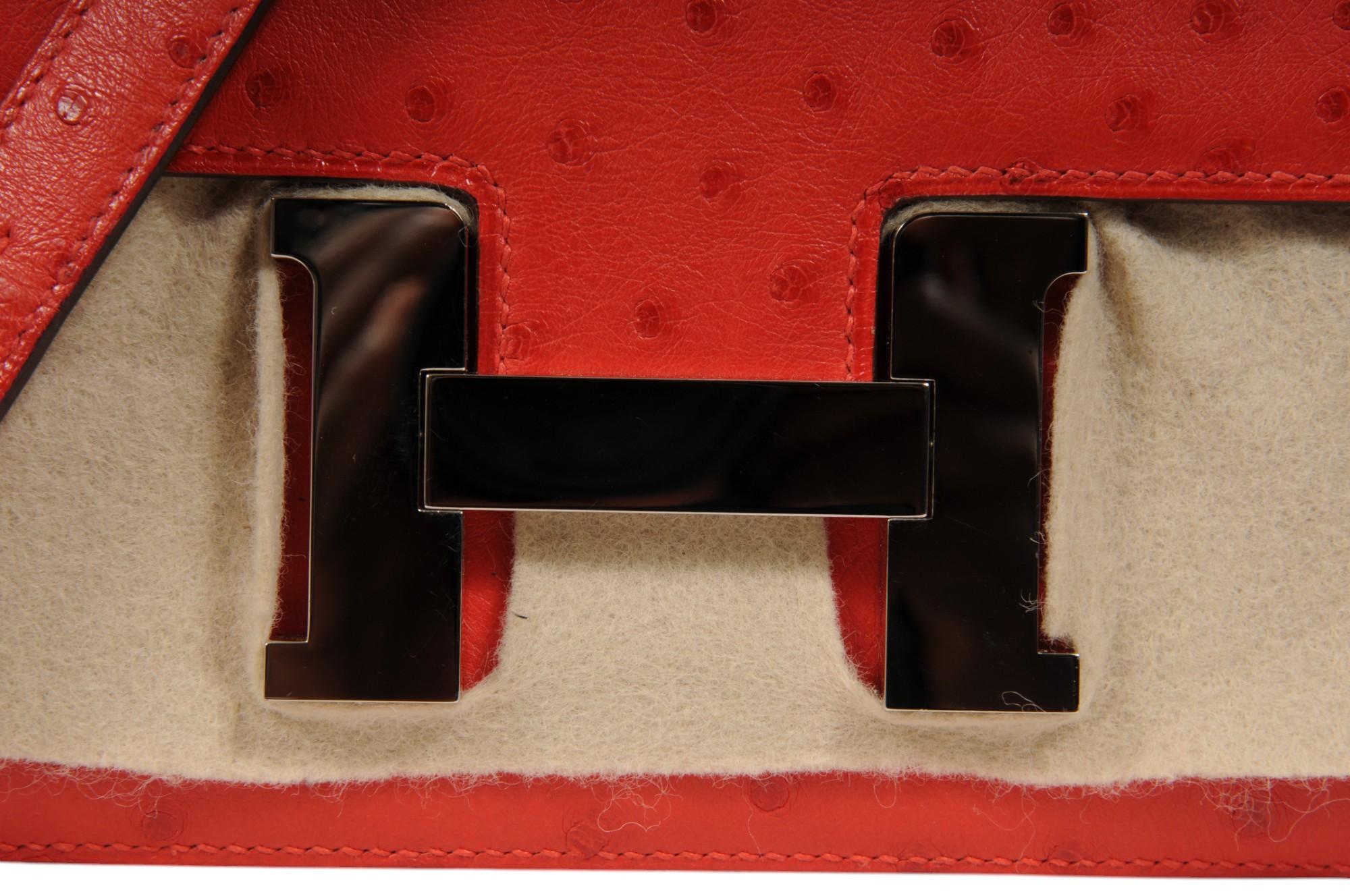 Hermes Ostrich Constance 24 Rouge Stamp Crossbody Red ASA937 In Excellent Condition For Sale In North Miami, FL