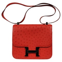 Hermes Ostrich Constance 24 Rouge Stamp Crossbody Red ASA937
