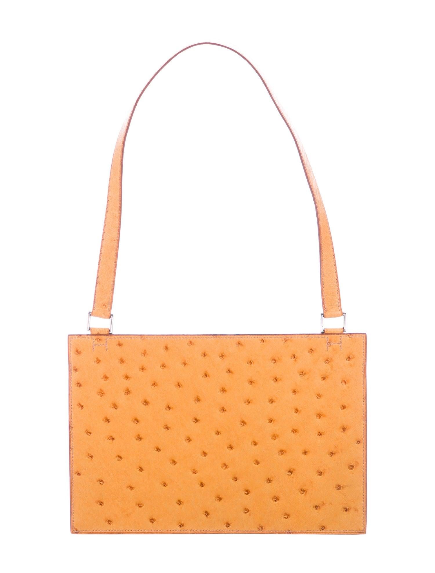 Orange Hermes Ostrich Leather Exotic Top Handle Satchel Evening Shoulder Flap Bag