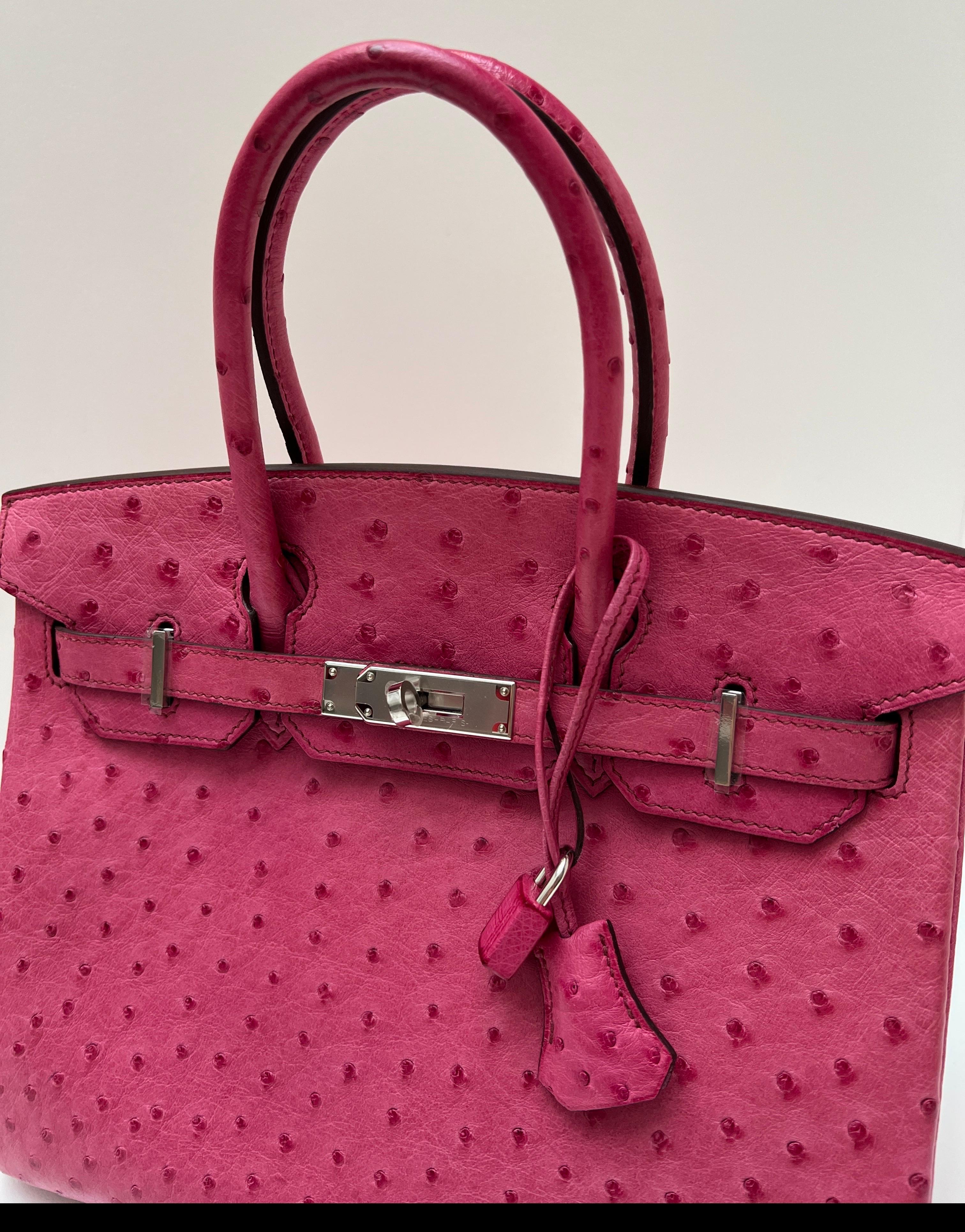 Birkin Tyrien en autruche rose Hermes 30 en vente 4