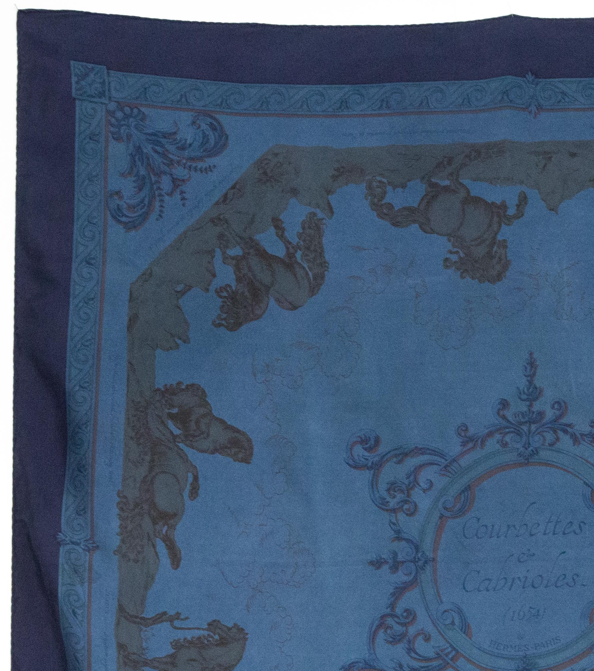 Blue Hermes Overdyed Courbettes et Cabrioles by F. Faconnet Silk Scarf For Sale