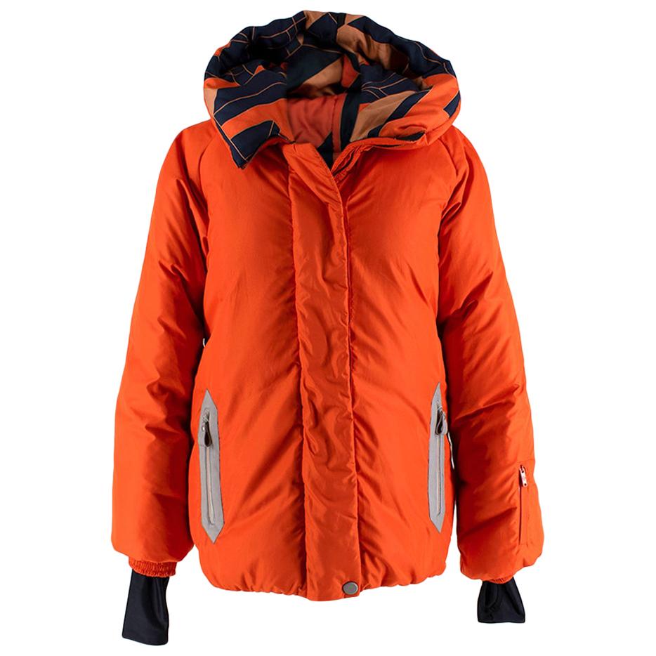 Hermes Oversize Hooded Orange Puffer Coat with Scarf Print Lining - Size US 8