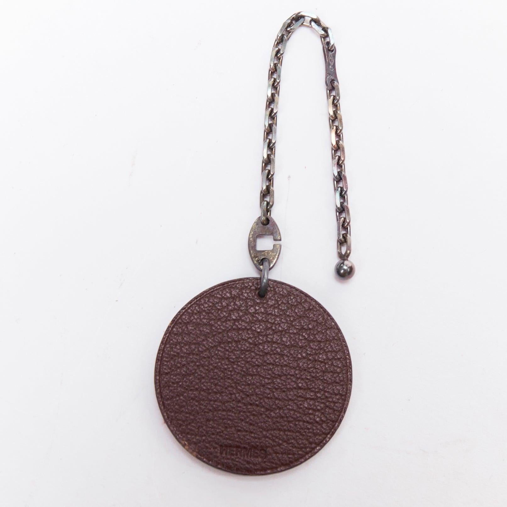 Gray HERMES Owl brown textured leather cartoon round palladium charm