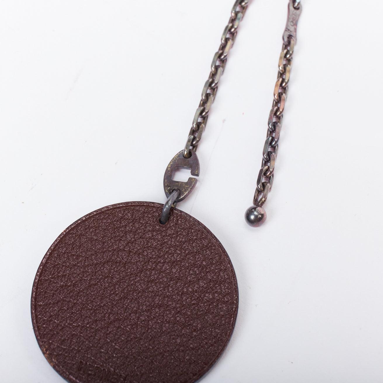 Women's HERMES Owl brown textured leather cartoon round palladium charm