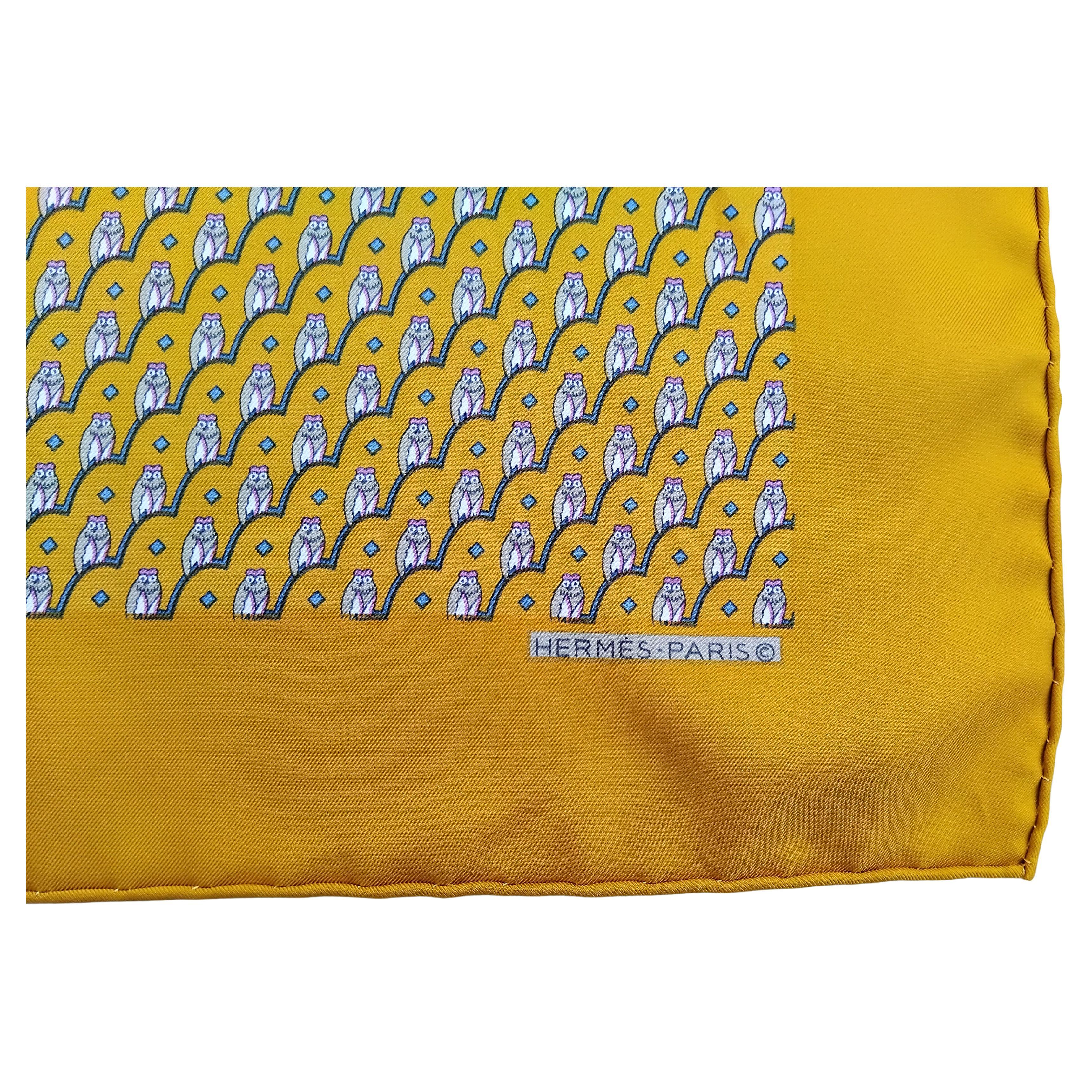 Brown Hermès Owl Print Small Scarf Gavroche Pocket Square 16'
