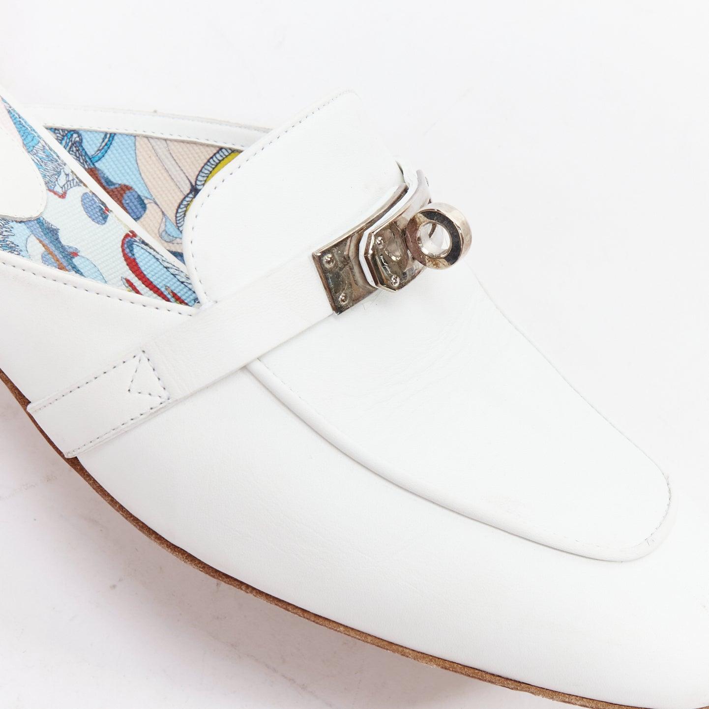 HERMES Oz white calfskin leather silver Kelly turnlock mules EU37 For Sale 2