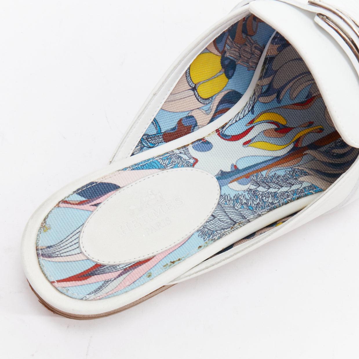 HERMES Oz white calfskin leather silver Kelly turnlock mules EU37 For Sale 4