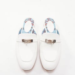 HERMES Oz white leather silver kelly buckle slip on loafer slippers EU37.5
