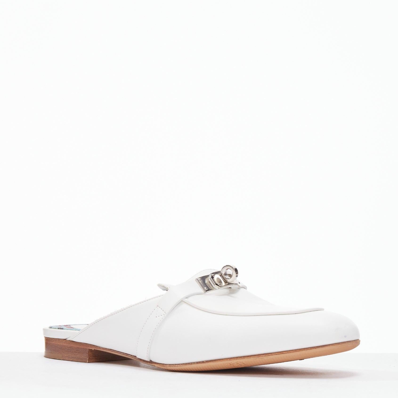 Gray HERMES Oz white leather silver kelly buckle slip on loafer slippers EU37.5