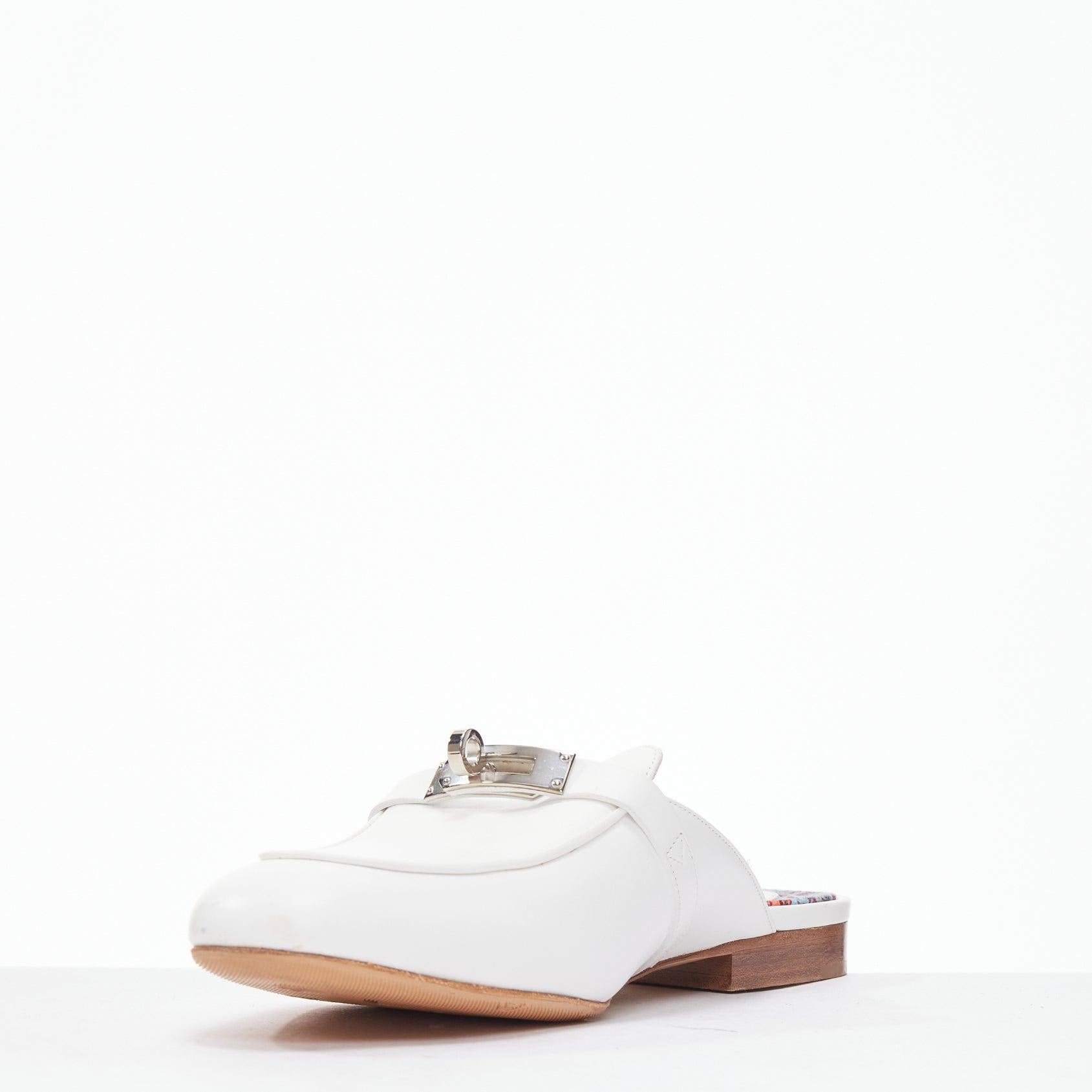 HERMES Oz white leather silver kelly buckle slip on loafer slippers EU37.5 In Good Condition In Hong Kong, NT