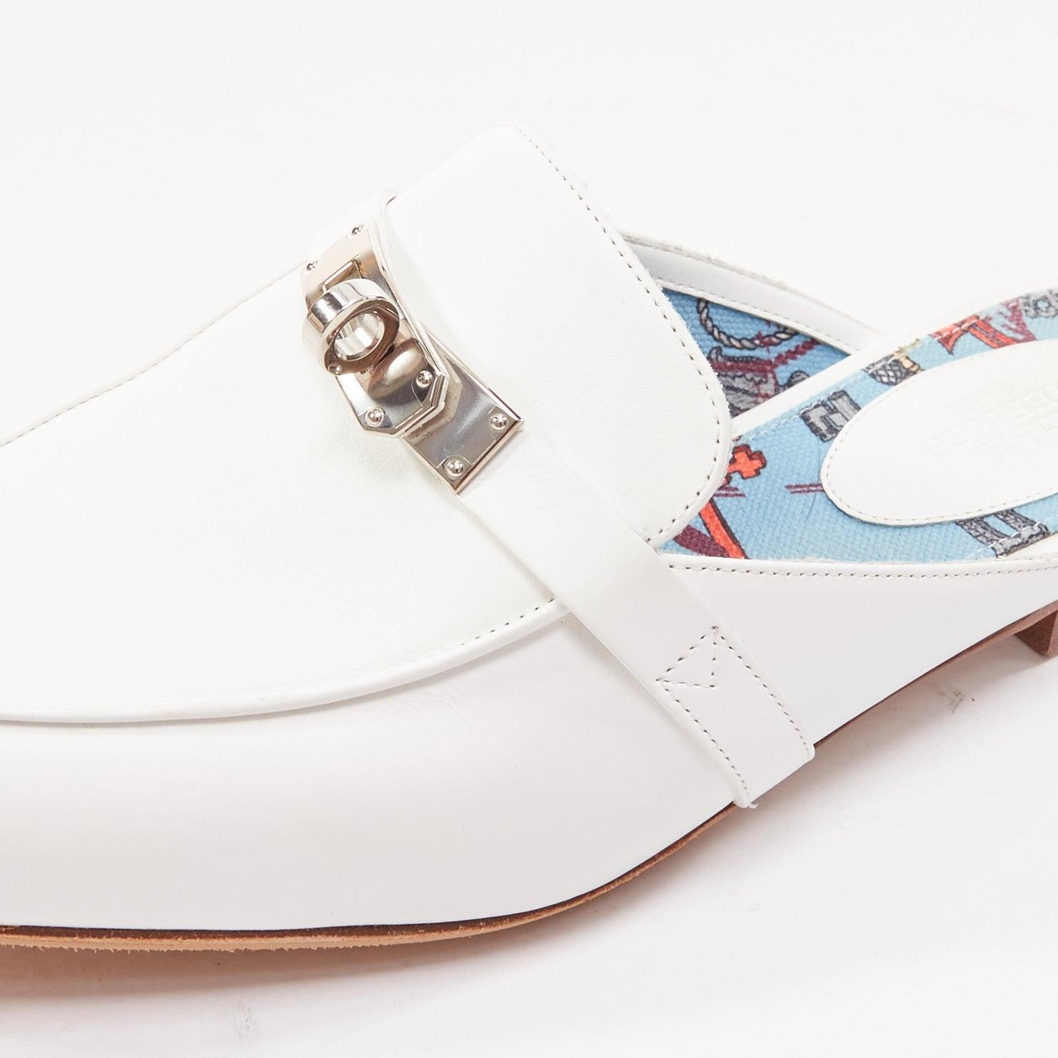 HERMES Oz white leather silver kelly buckle slip on loafer slippers EU37.5 2