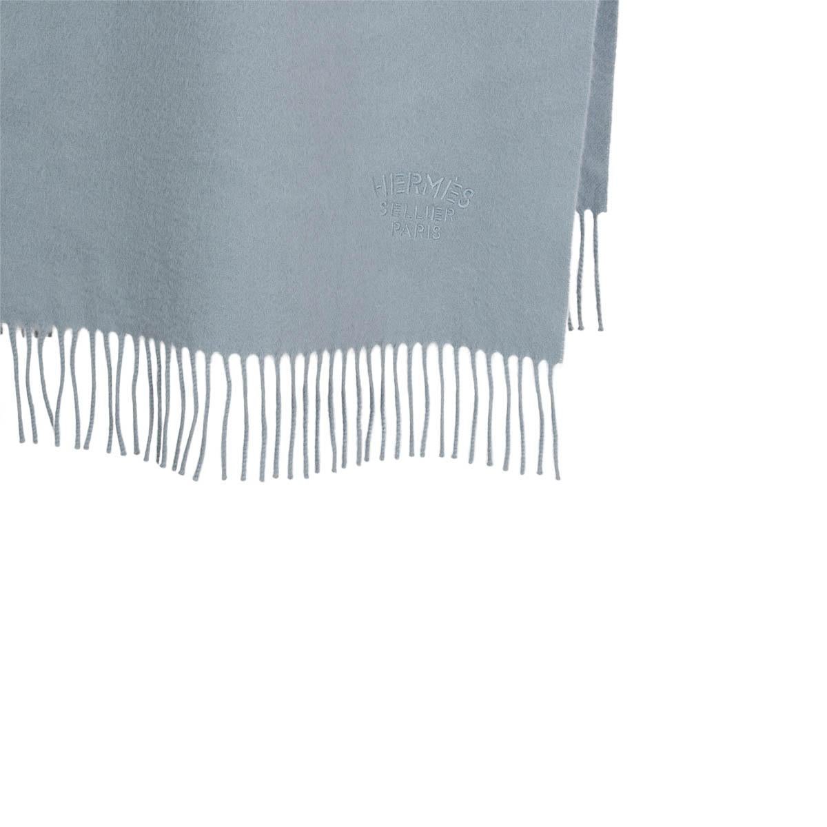 Gray HERMES pale blue cashmere FRINGED SELLIER Shawl Scarf For Sale