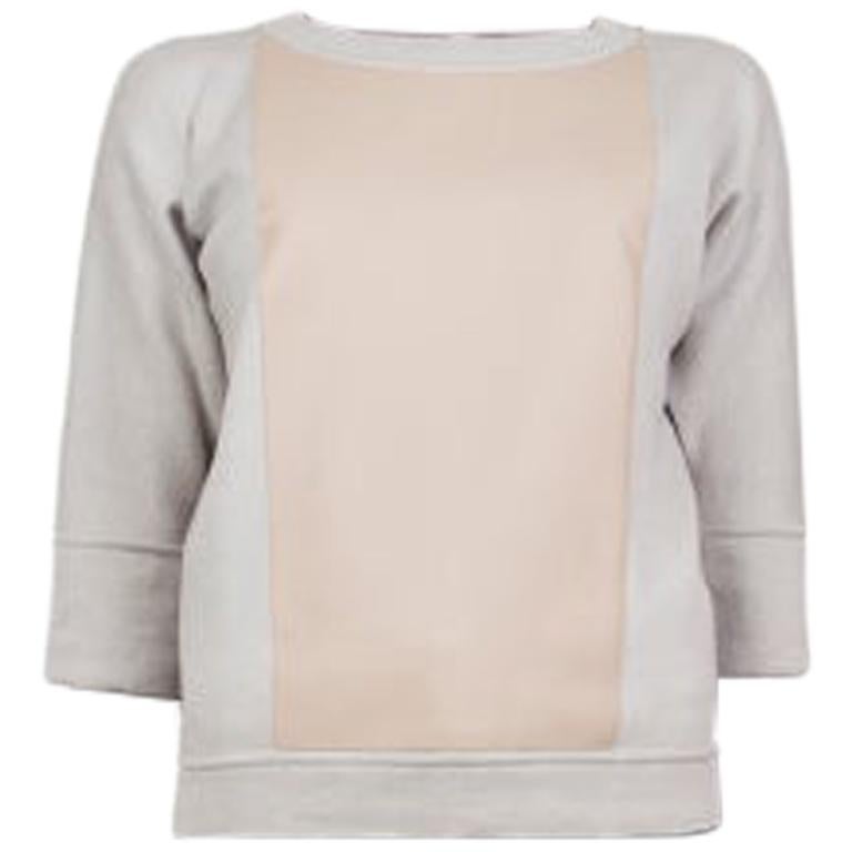 HERMES pale grey & nude LEATHER PANELED 3/4 Sleeve Sweater 36 XS
