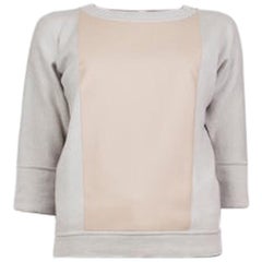 HERMES pale grey & nude LEATHER PANELED 3/4 Sleeve Sweater 36 XS