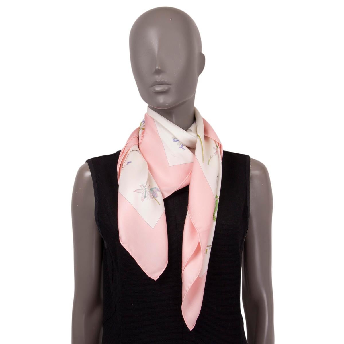 HERMES pale pink silk FLEURS ET PLUMES 90 Twill Scarf 2