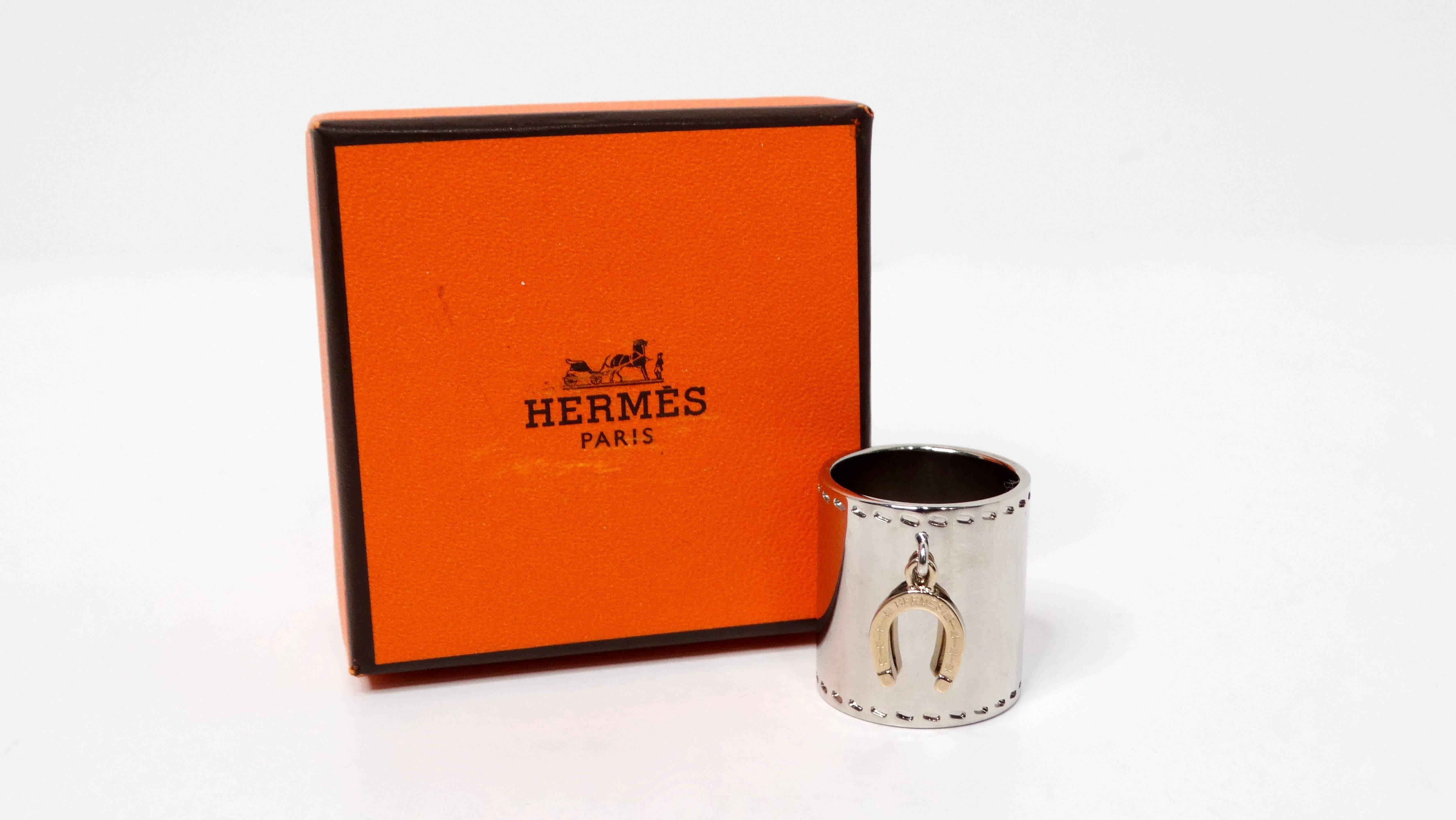 Beige Hermes Palladium Horseshoe Charm Scarf Ring For Sale