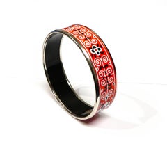 Hermès Palladium-Plated Enamel Bangle Bracelet Red Black White Floral Design