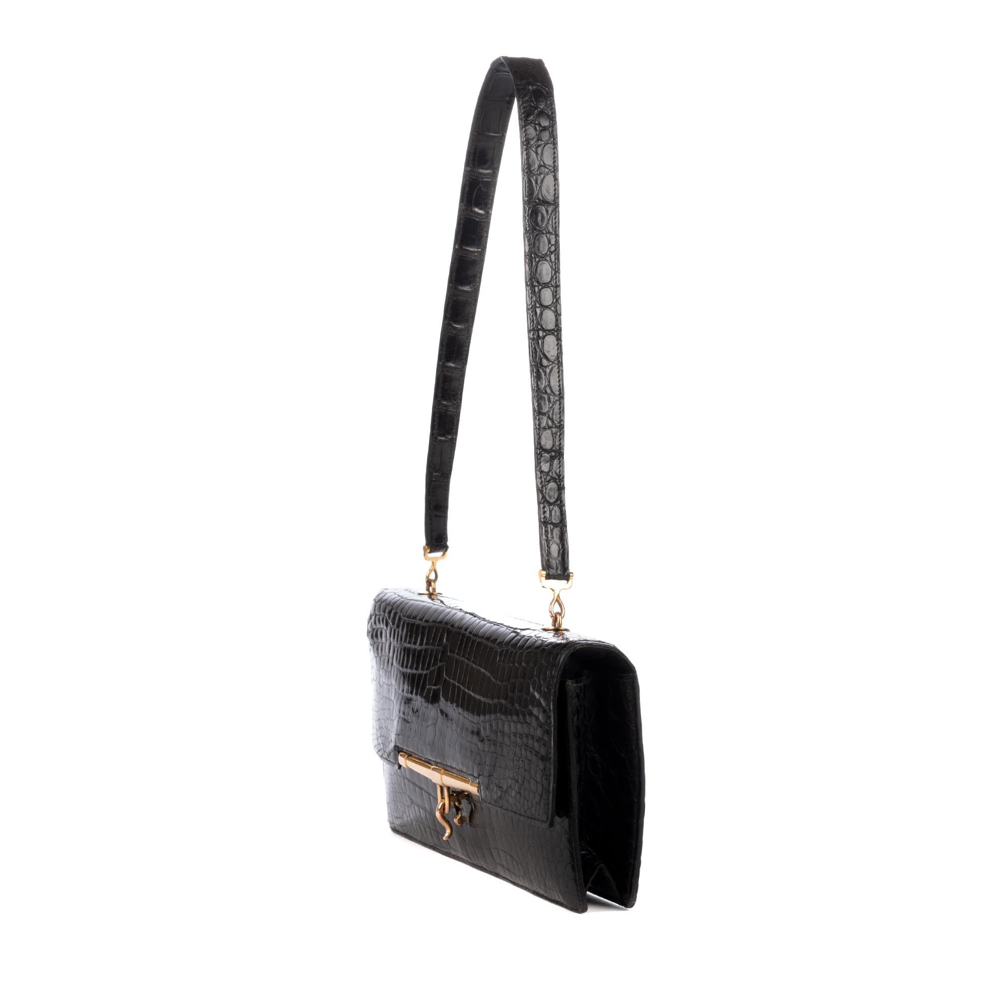 Hermes Palonnier Black crocodile Vintage Handbag In Excellent Condition In Paris, IDF