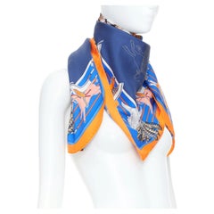 HERMES Pani La Shar Pawnee 90 Silk Twill orange royal blue square scarf