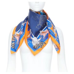 HERMES Pani La Shar Pawnee 90 Silk Twill orange royal blue square scarf