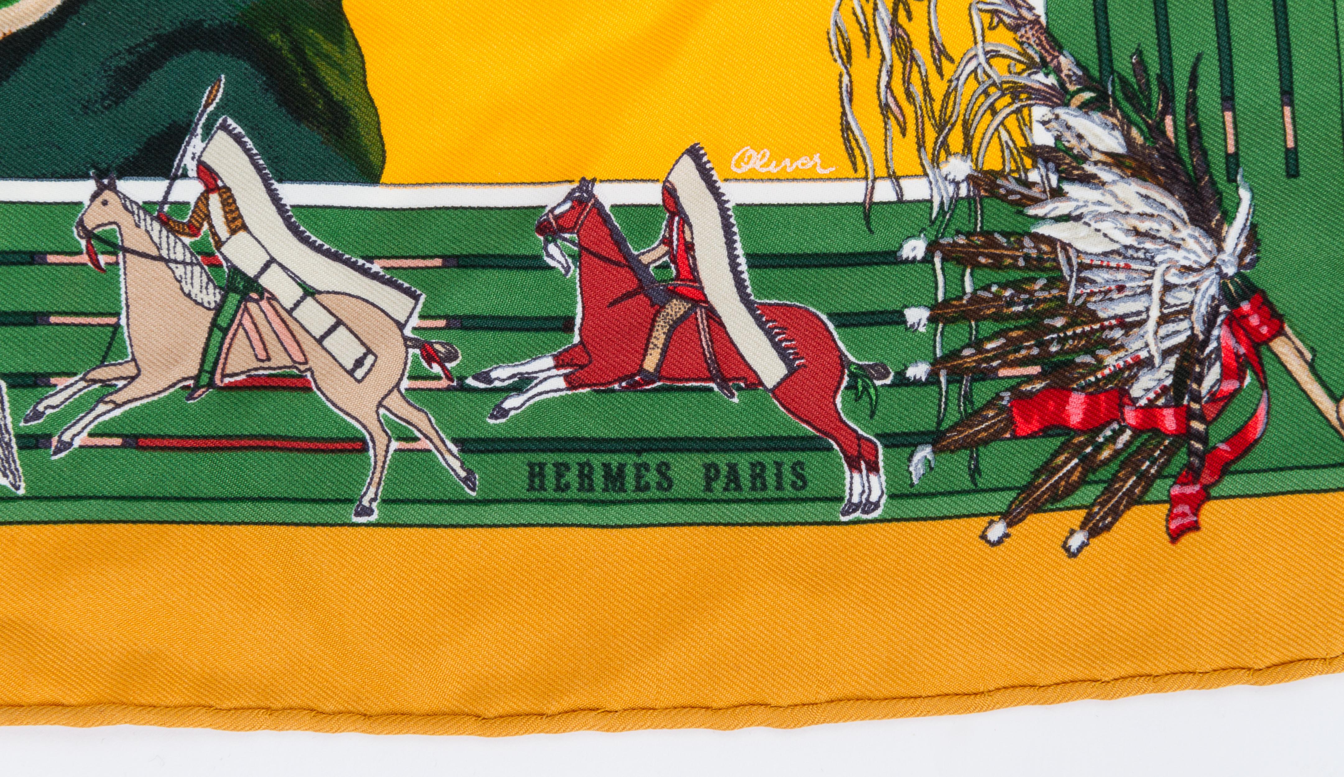 Hermès Pani La Shar Pawnee silk twill pochette scarf designed by Kermit Oliver. Hand-rolled edges.