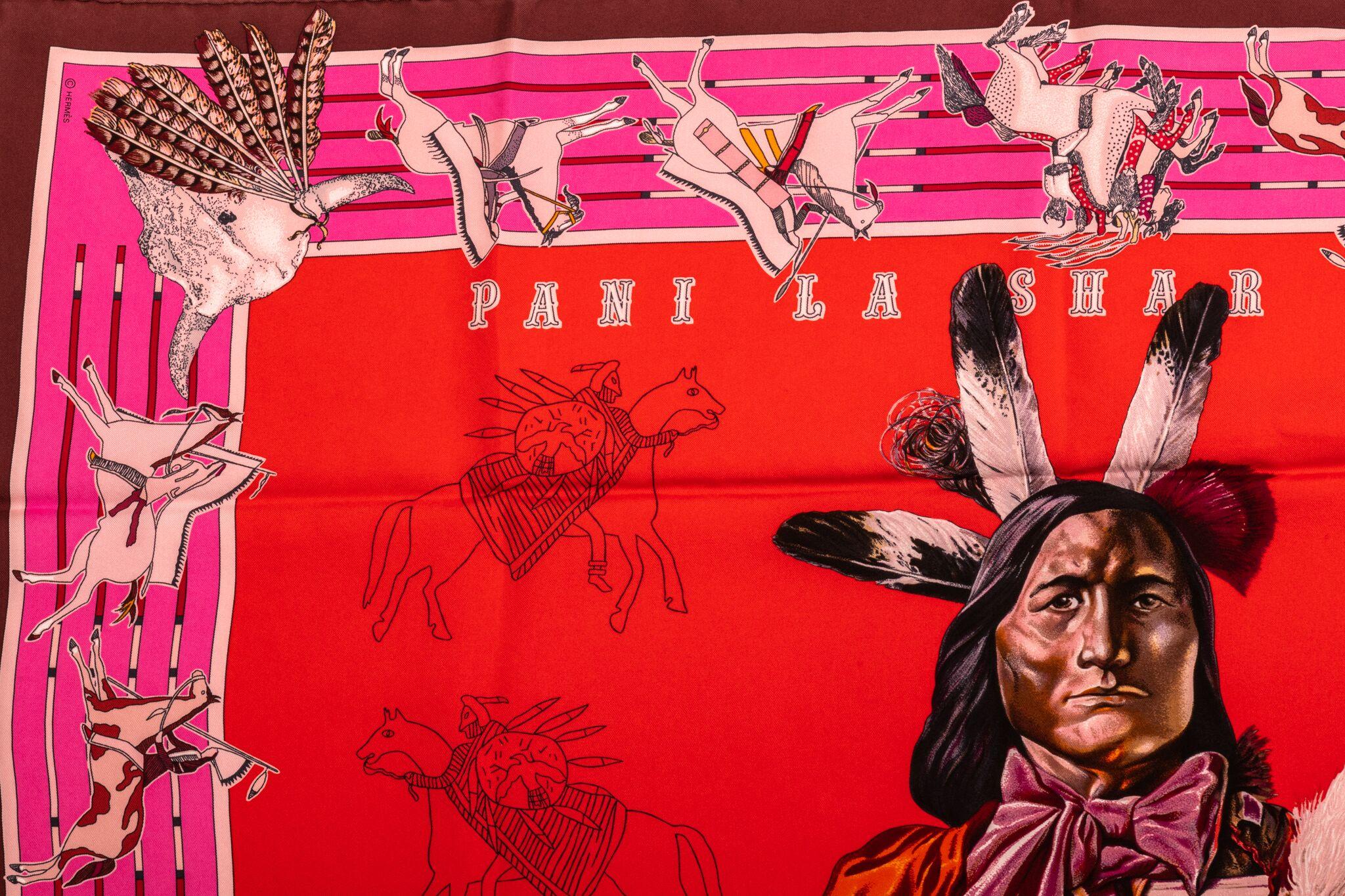 Hermès reissue Pani la Shar Pawnee scarf designed by Kermit Oliver. Hand-rolled edges. Brand new with box.