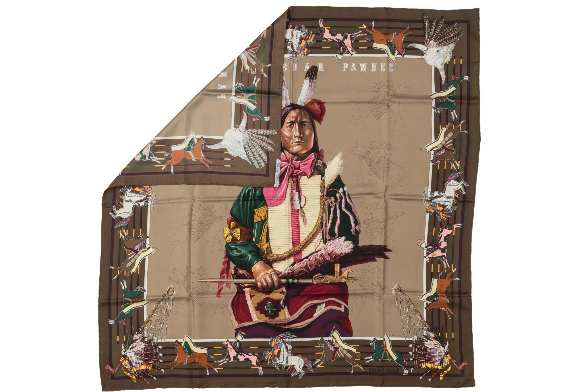 Hermès Pani la shar Pawnee silk twill scarf issued originally in 1984. The most famous of Texas native, Kermit Oliver's prints. Hand-rolled edges.