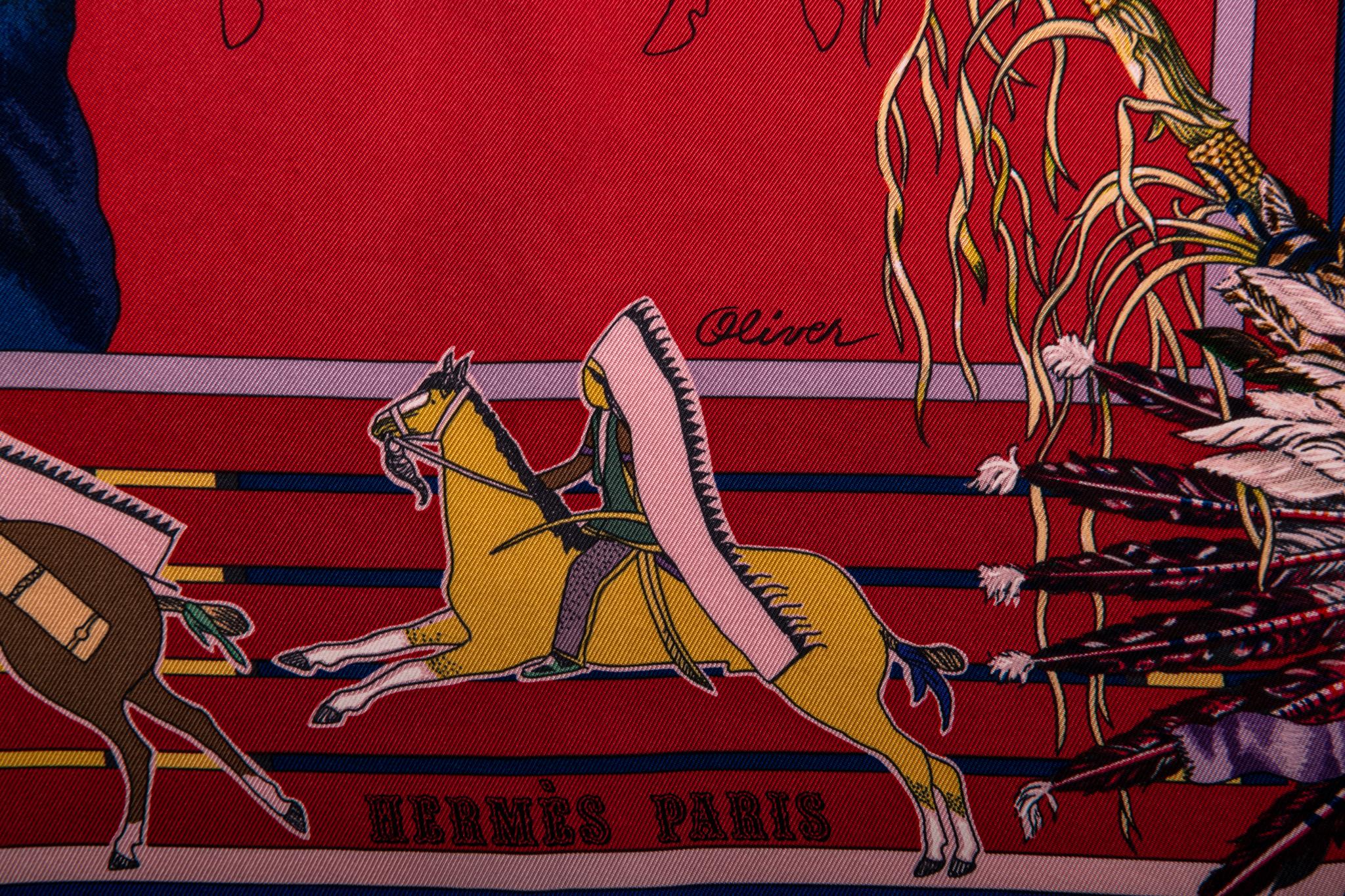 Hermès reissue Pani la Shar Pawnee scarf designed by Kermit Oliver. Hand-rolled edges. Comes with original box, brand new .