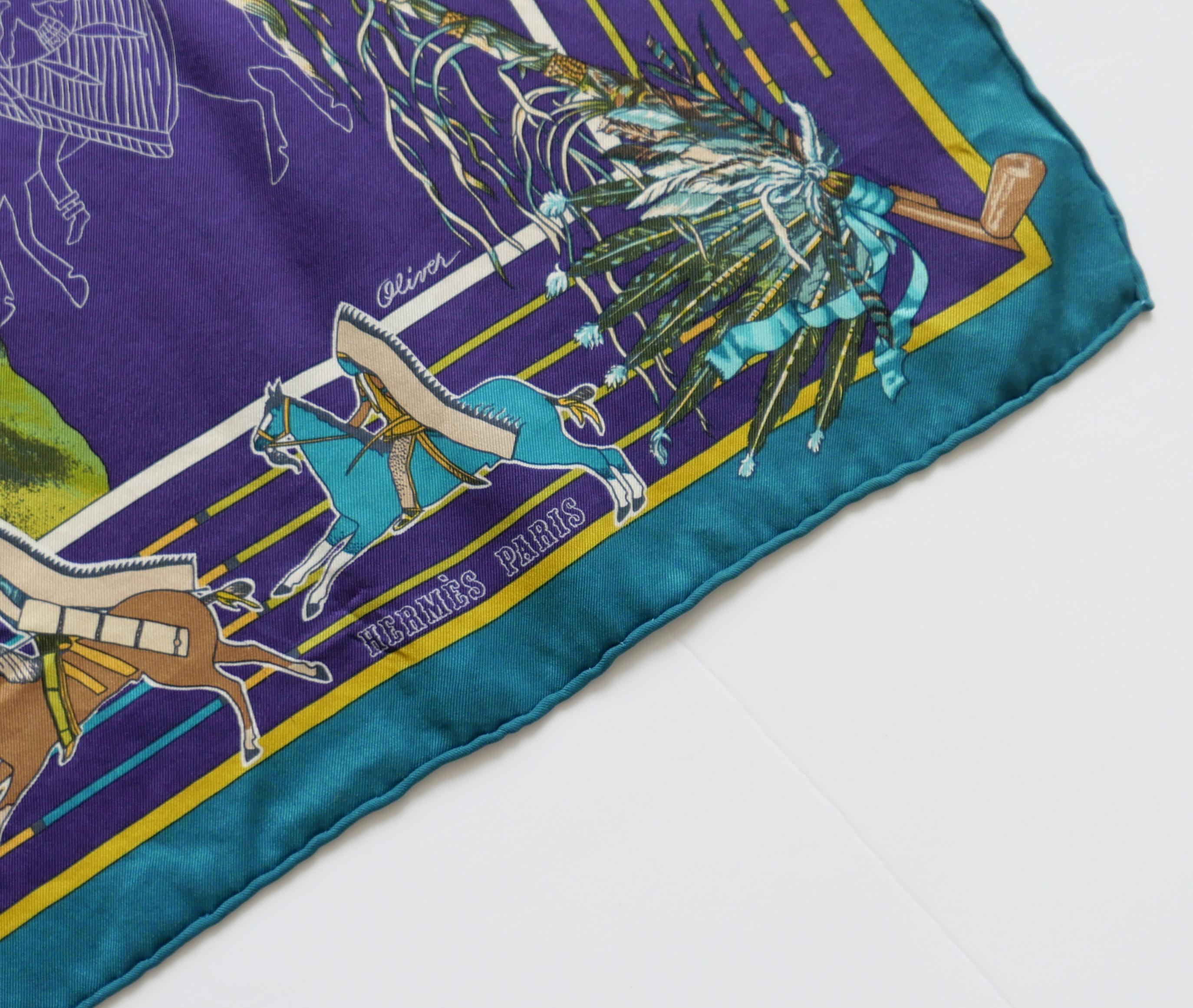 Violet Hermes Pani La Shar Pawnee Silk Scarf Kermit Oliver Purple/Teal en vente