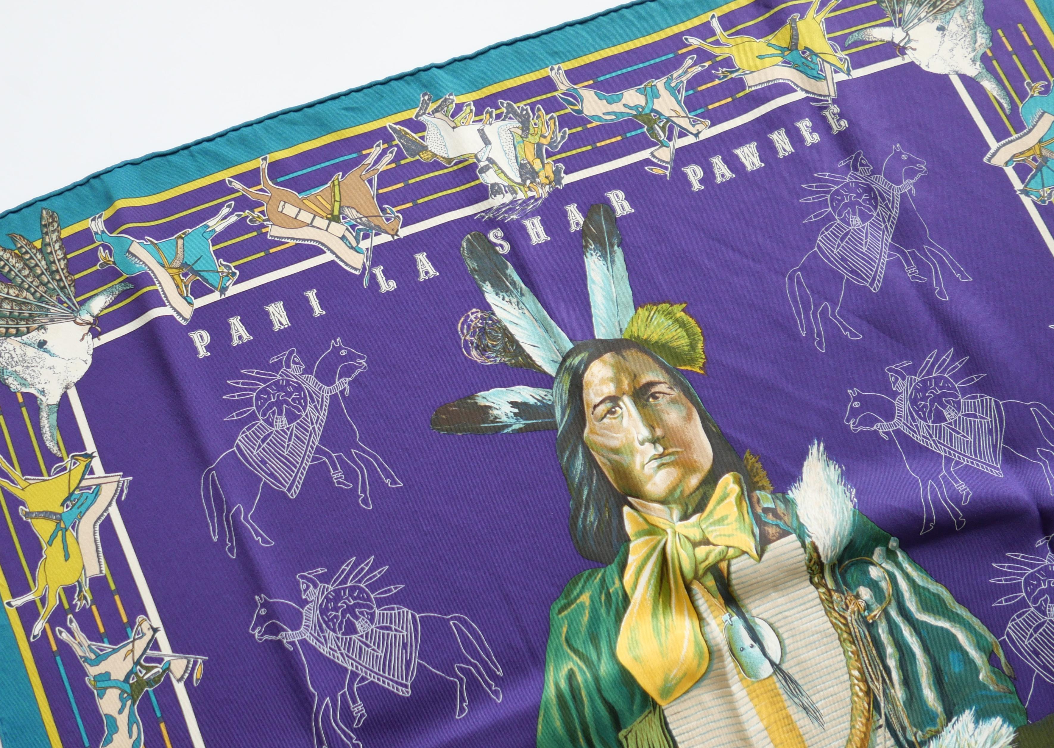 Hermes Pani La Shar Pawnee Silk Scarf Kermit Oliver Purple/Teal Excellent état - En vente à London, GB
