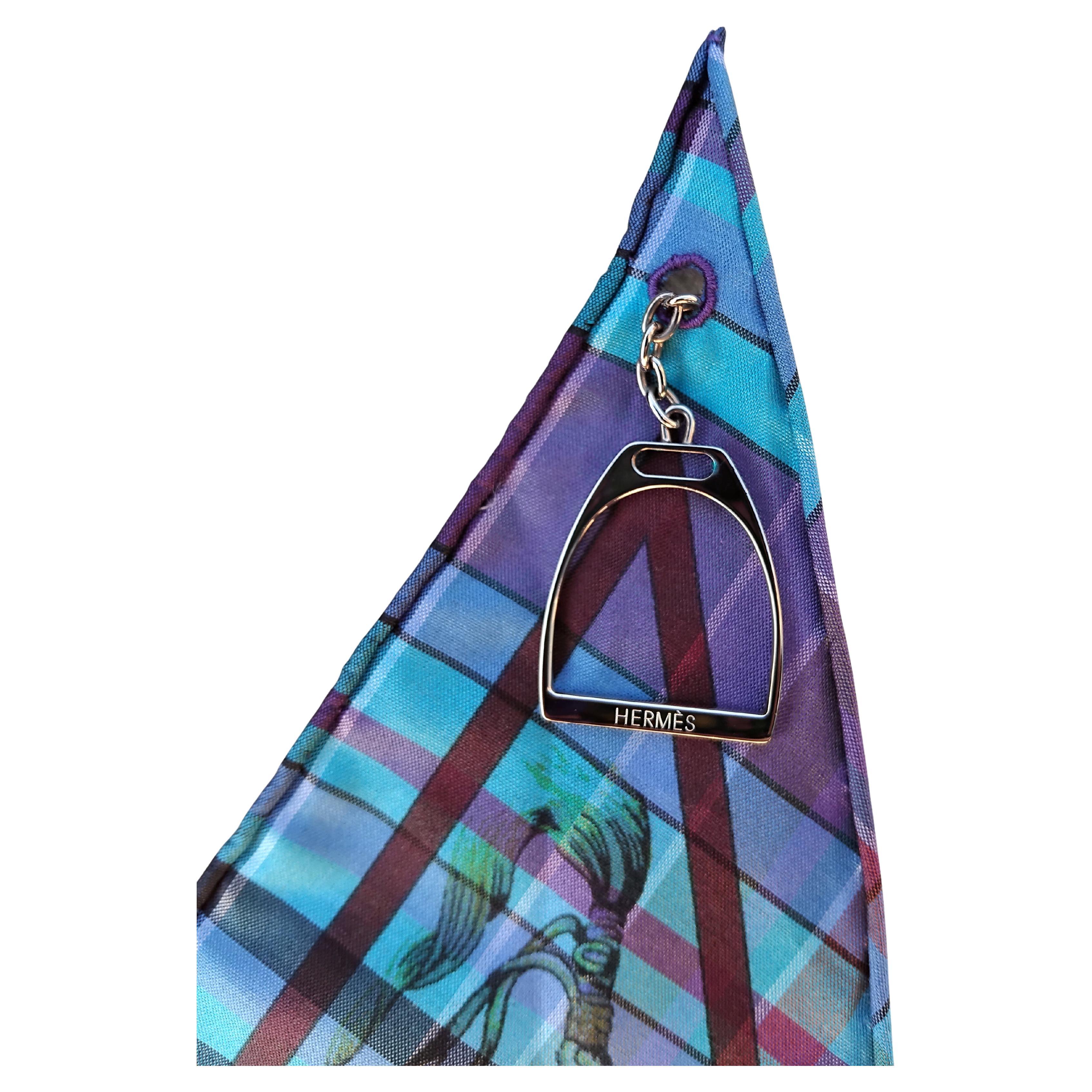 Blue Hermès Pani La Shar Pawnee Silk Scarf Pointu Madras Charms Kermit Oliver For Sale