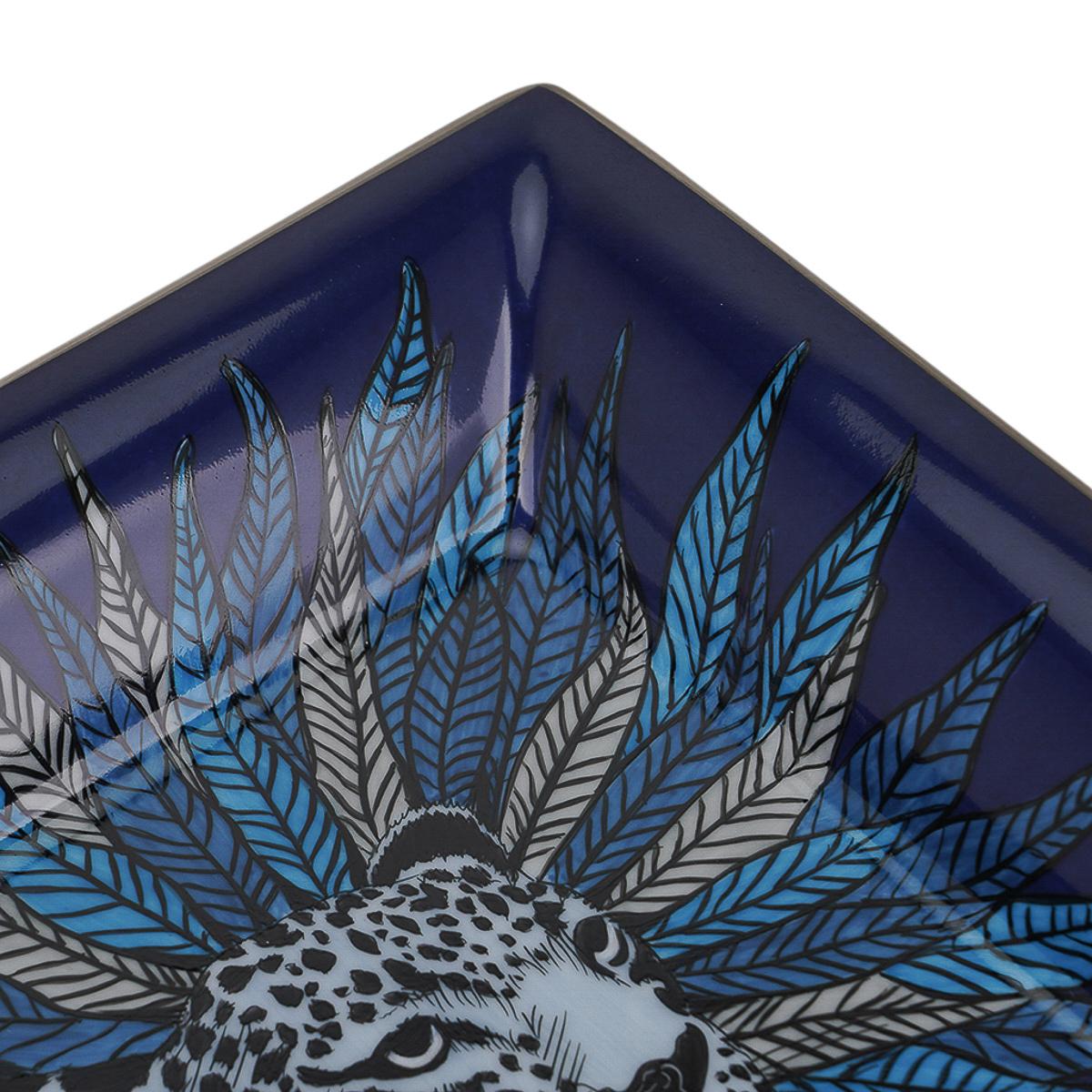 Women's or Men's Hermes Panthere Aura Bleu Nuit Hand Painted Change Tray Porcelain For Sale