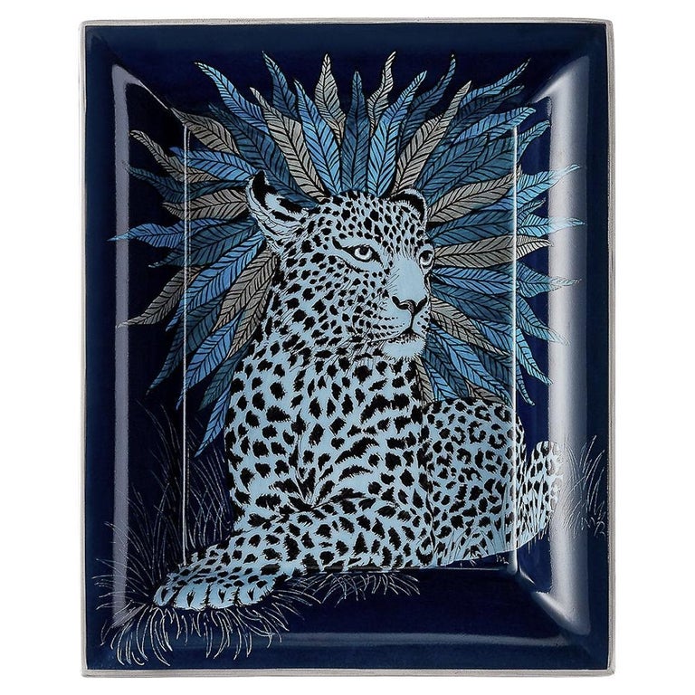Hermes Panthere Aura Bleu Nuit Hand Painted Change Tray Porcelain For Sale  at 1stDibs