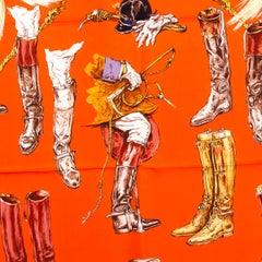 HERMES - Écharpe en sergé de soie papaye orange A PROPOS DES BOTTES 90