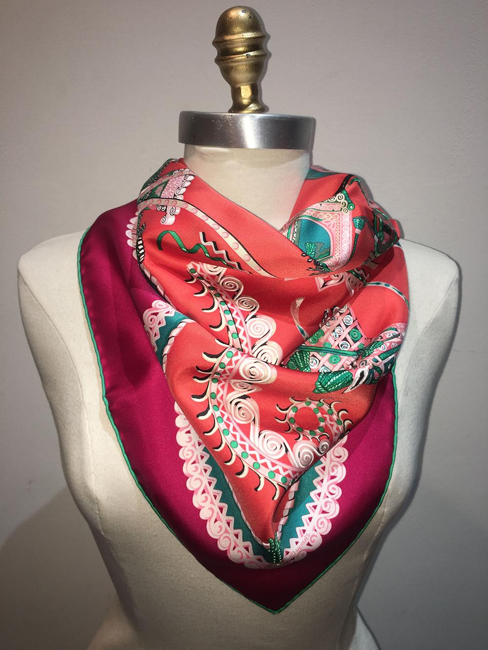 Hermes Paperoles Silk Scarf in Magenta & Coral  In Excellent Condition In Philadelphia, PA