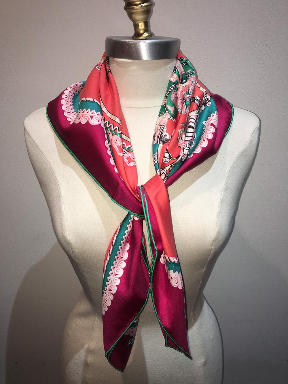Women's or Men's Hermes Paperoles Silk Scarf in Magenta & Coral 