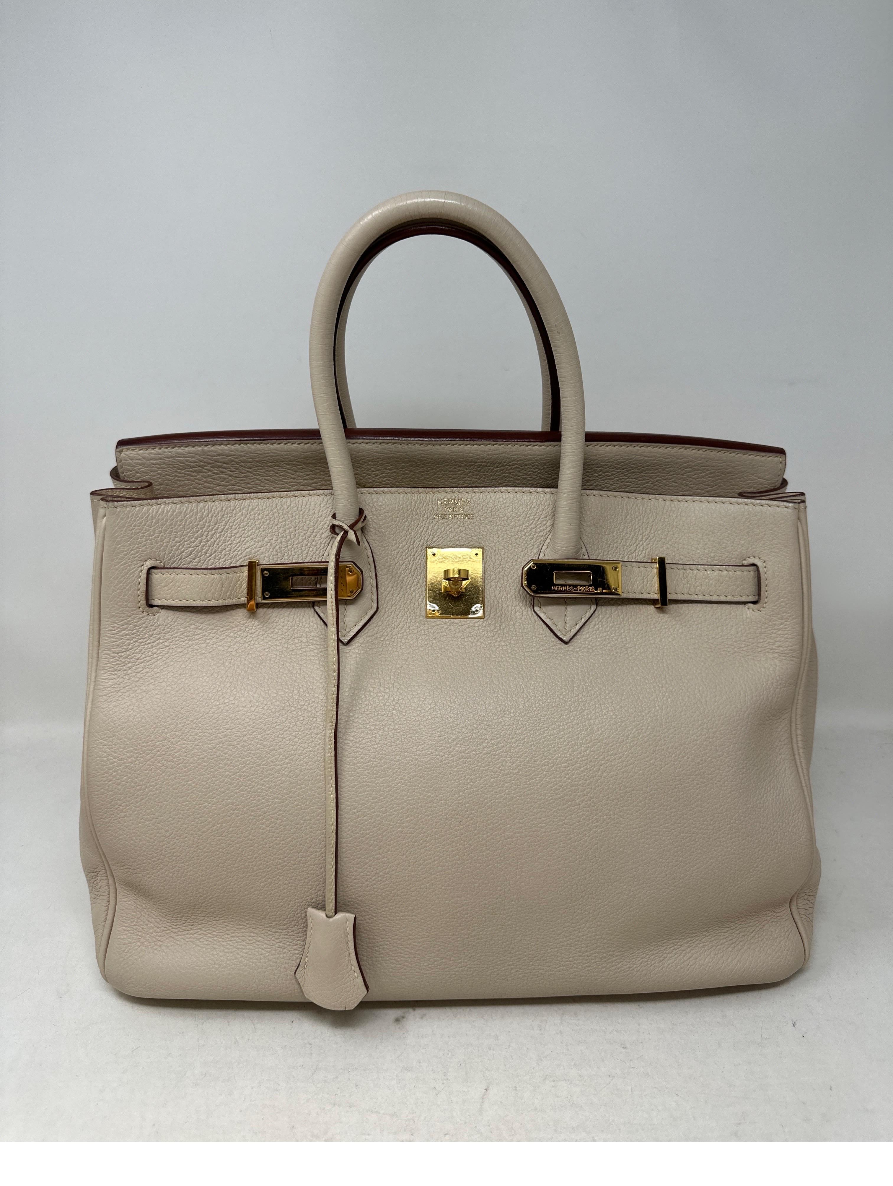 Hermes Parchemin Birkin 35 Bag. Cream color with gold hardware. Interior clean. Good condition. Great neutral color. Rare combination. Priced to sell. Includes clochette, lock ,keys, and dust bag. Guaranteed authentic. 