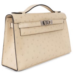HERMES Parchemin cream OSTRICH KELLY POCHETTE Bag Phw