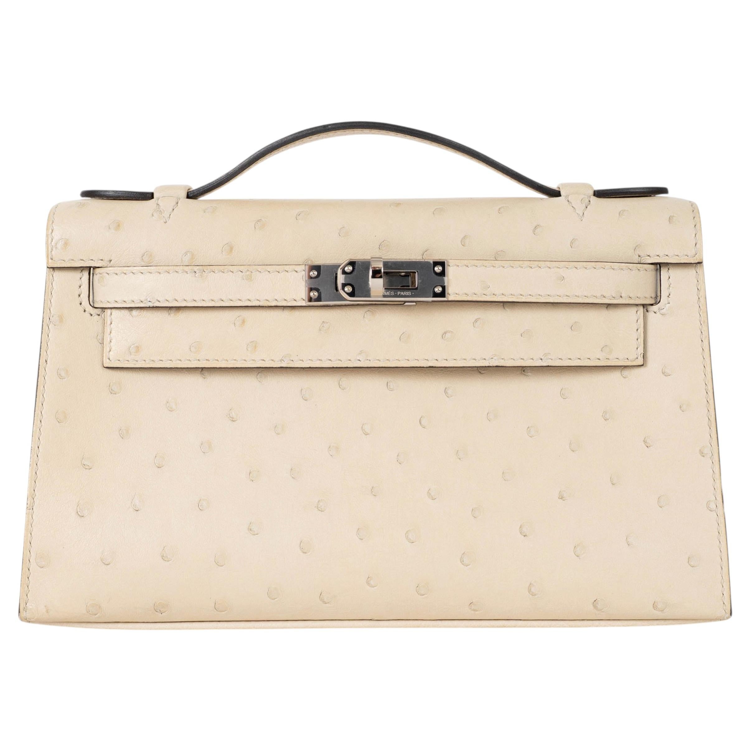 HERMES Borsa Kelly Pochette in pelle di struzzo color crema "Parchemin" Phw