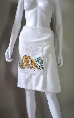 HERMÈS - Paréo vintage en coton éponge avec broderie animalière