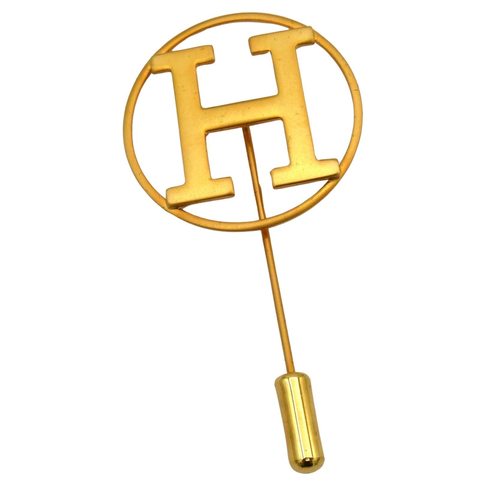 HERMES PARFUMS Vintage Gold Tone H Lapel Pin Brooch
