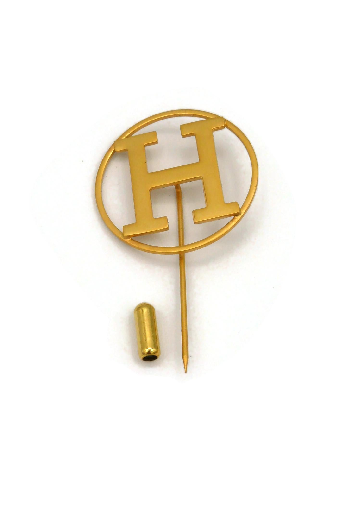 Women's or Men's Hermes Parfums Vintage Gold Toned H Lapel Pin Brooch