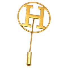 Hermes Parfums Vintage Gold Toned H Lapel Pin Brooch