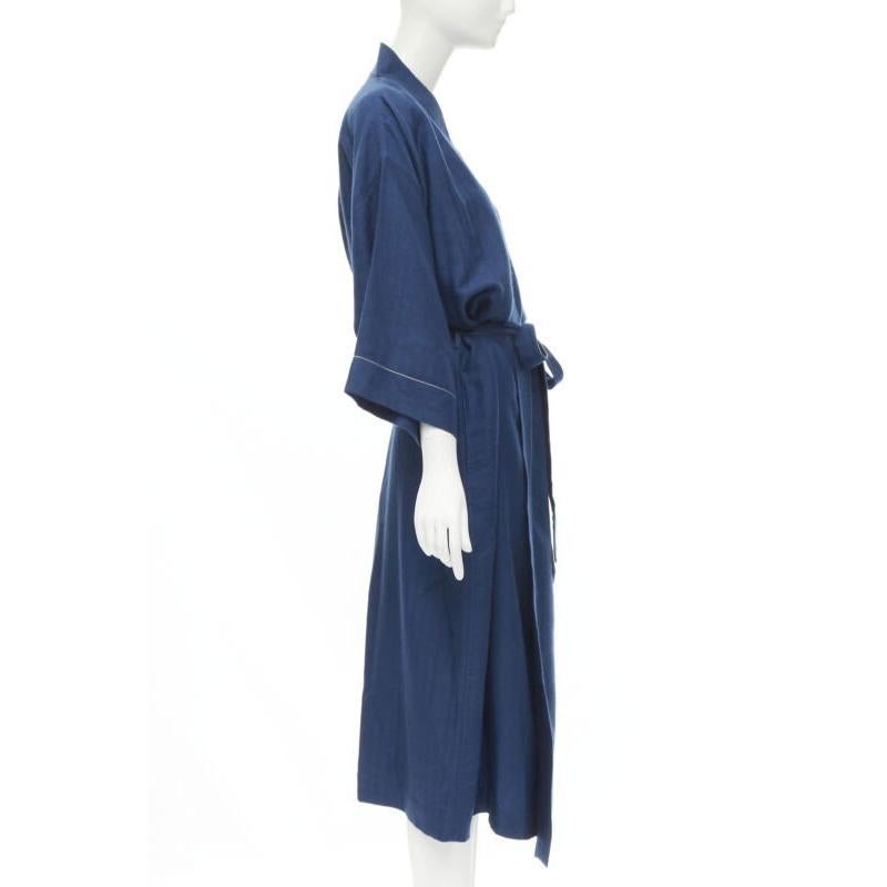 HERMES Paris 100% cashmere hand woven suede leather H logo belted robe L In Excellent Condition For Sale In Hong Kong, NT
