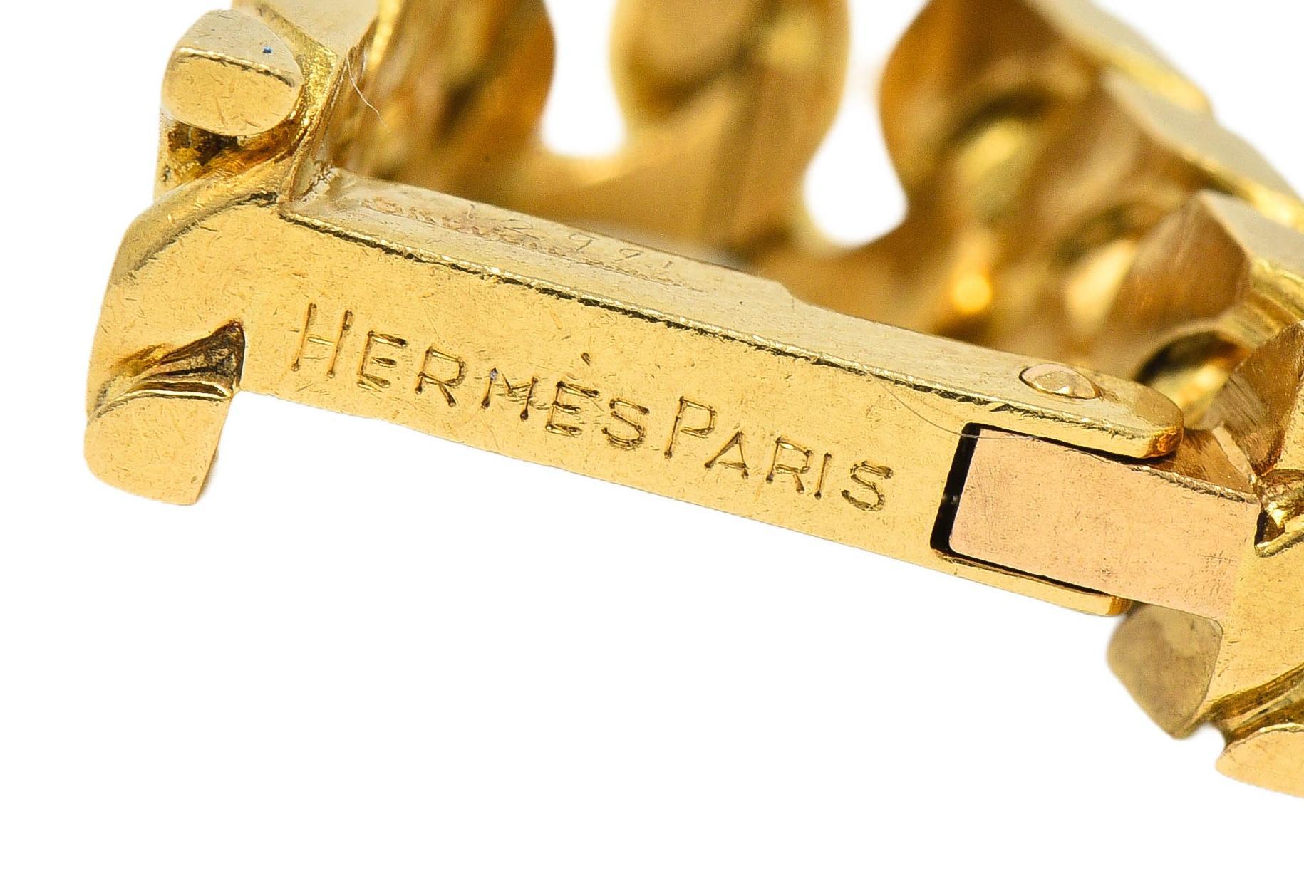 Men's Hermès Paris 18 Karat Yellow Gold Curb Link Vintage French Stirrup Cufflinks For Sale
