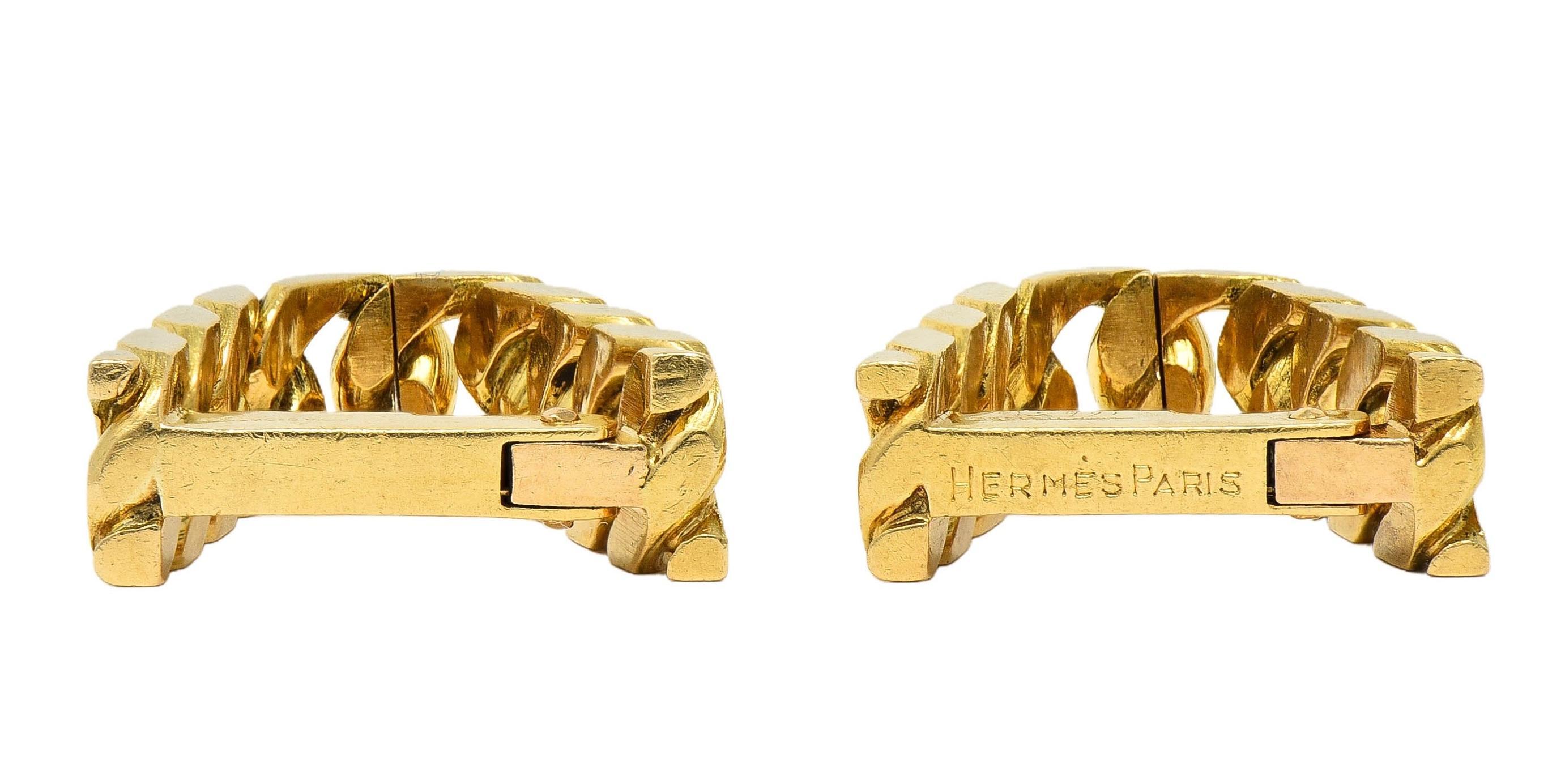 Hermès Paris 18 Karat Yellow Gold Curb Link Vintage French Stirrup Cufflinks For Sale 3