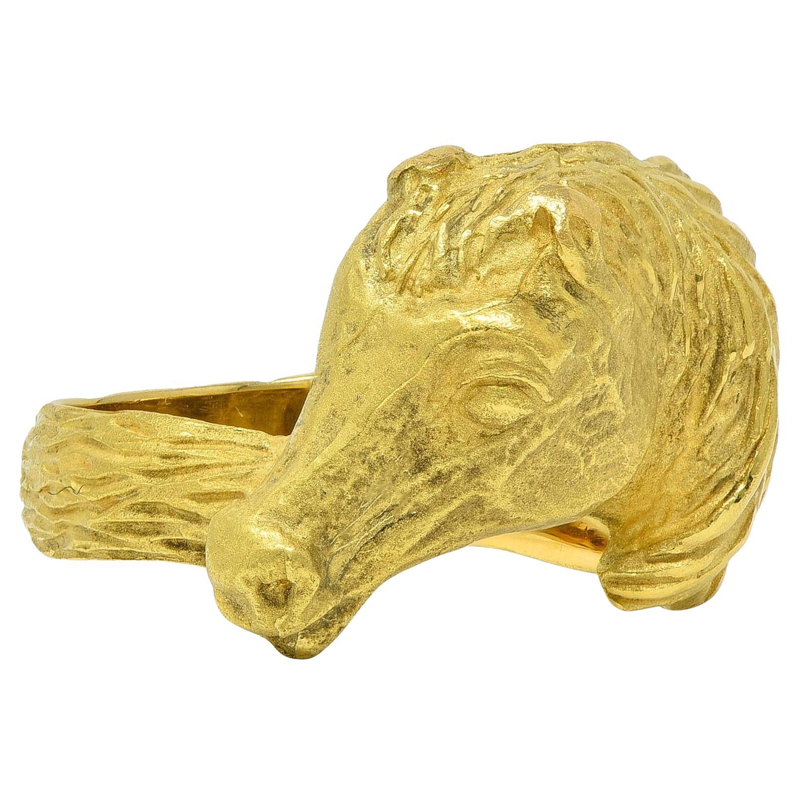 Hermès Paris 18 Karat Yellow Gold Vintage 1960's Horse Animal Ring For Sale