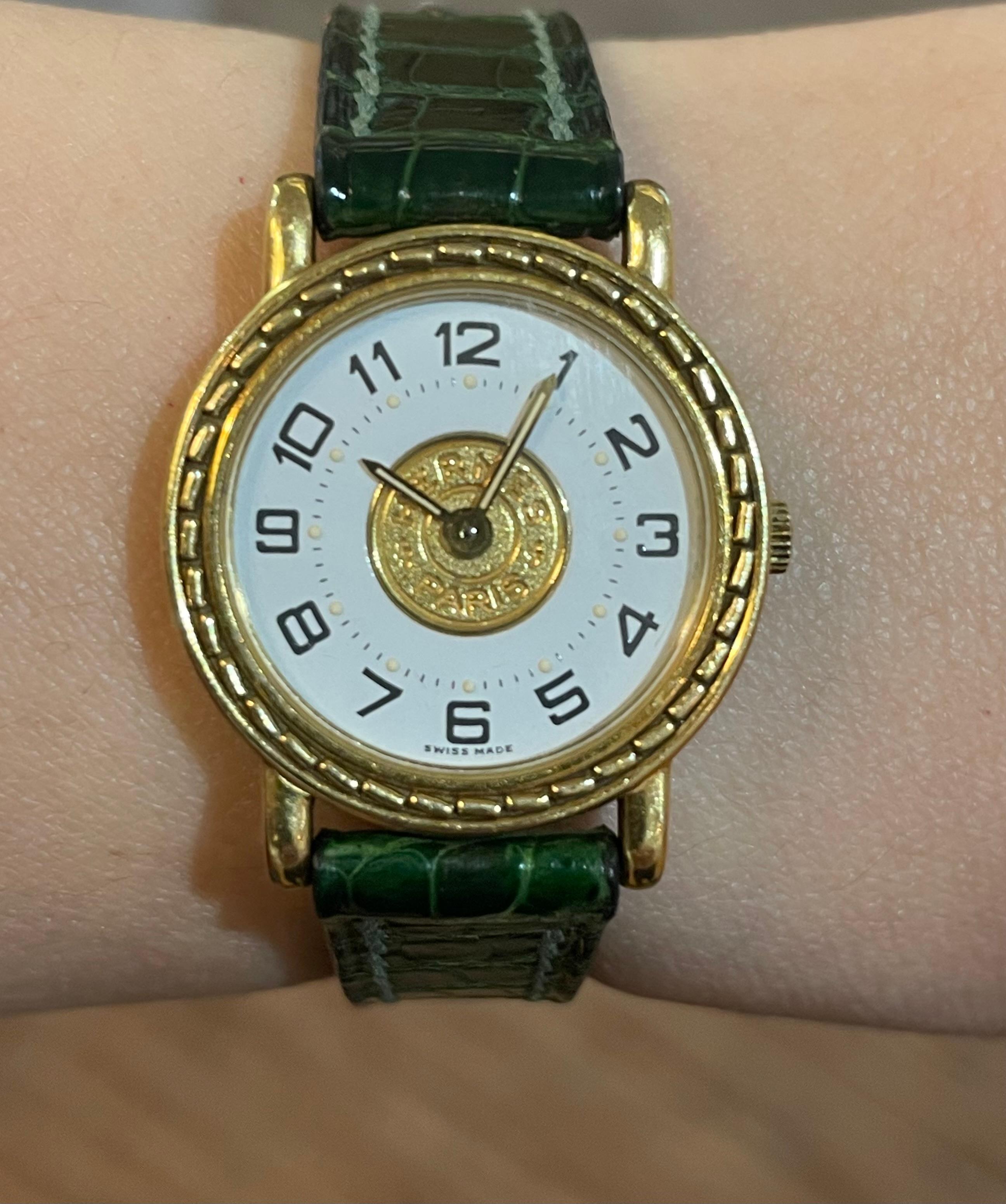 Hermès Paris 18 Kt Gold 'Sellier' Wristwatch, Crocodile Strap For Sale 6